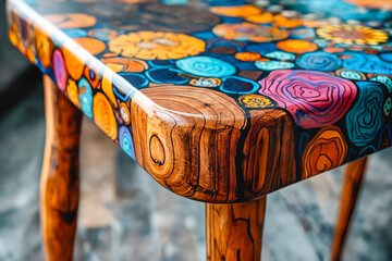 Colorful table with painted design on it. - obrazy, fototapety, plakaty