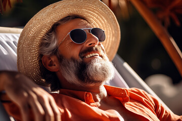 Handsome mature man in straw hat and sunglasses relaxing in hammock