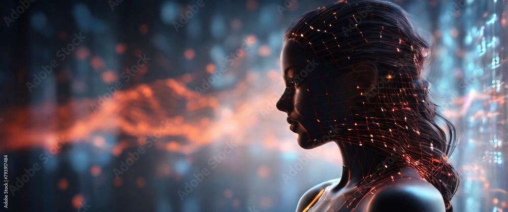Poster showcase the mesh wire frame hand accuracy and speed of ai technology in data analysis by creating a