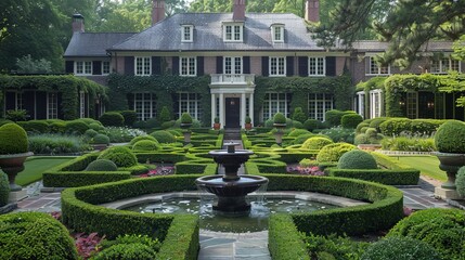 A colonial-style house with a formal garden in front, featuring symmetrical plantings, clipped hedges, and a central fountain, exuding timeless elegance.