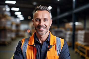 Portrait of confident mature warehouse worker standing with arms crossed in warehouse