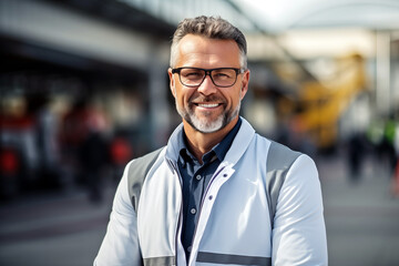 Portrait of a smiling mature businessman in eyeglasses standing outdoors,selective focus - obrazy, fototapety, plakaty