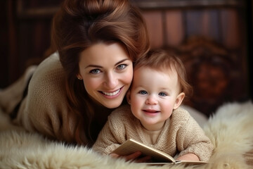 Young mother reading book to her little daughter while sitting on bed at home