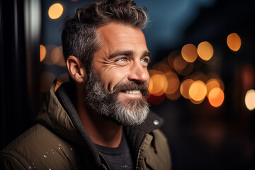 Portrait of a handsome middle-aged man in a city at night - obrazy, fototapety, plakaty