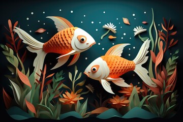 beautiful fish couple origami paper art illustration
