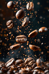 Coffee beans falling into the air. - obrazy, fototapety, plakaty