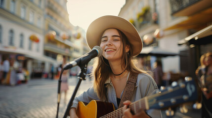 Woman in hat playing guitar and singing on city street.