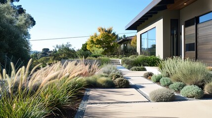 Obraz premium A contemporary minimalist garden design in front of a sleek urban residence, featuring clean lines, geometric shapes,