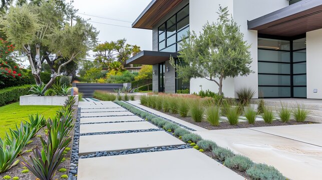 A contemporary minimalist garden design in front of a sleek urban residence, featuring clean lines, geometric shapes,