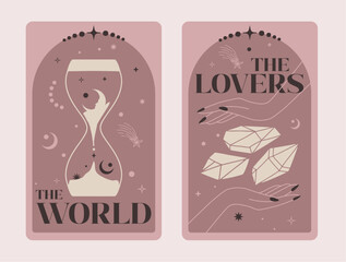 Pairs of Tarot cards The World and The Lovers, Celestial Tarot Cards Basic witch, illustration fortune telling occult mystic esoteric. Celestial Tarot Cards Basic witch tarot