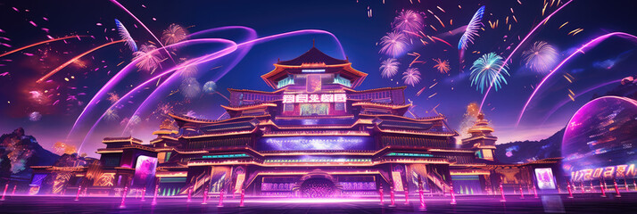 A large temple with purple lights and fireworks in the background