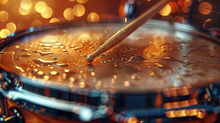 A detailed close-up of a drum surface with a drumstick, adorned with vibrant water droplets, capturing a moment of music and rhythm. - obrazy, fototapety, plakaty