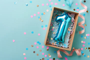 First birthday gift box with number 1 balloon inside, confetti and ribbons on a pastel background