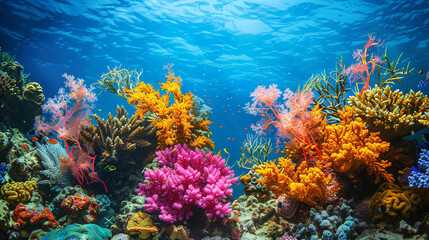 Naklejka na ściany i meble A vibrant coral reef underwater scene, the colorful marine life and corals set against the clear blue of the ocean, offering a dazzling and beautiful background. 32k, full ultra hd, high resolution