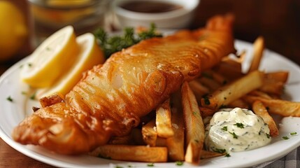 A mouthwatering plate of classic British fish and chips, featuring crispy battered fish and golden fries, epitomizing the beloved comfort food of Britain. - obrazy, fototapety, plakaty