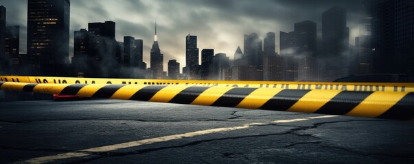 striped barrier tape on city background
