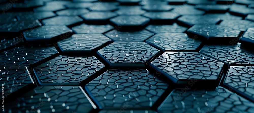 Poster cyan hexagons: abstract patterns in ultrawide banner. mesmerizing geometric design for contemporary 