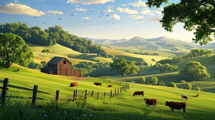 A pastoral scene of a sunny farm with grazing cows, rolling green hills, and a rustic barn, embodying the idyllic charm of animal husbandry. - obrazy, fototapety, plakaty