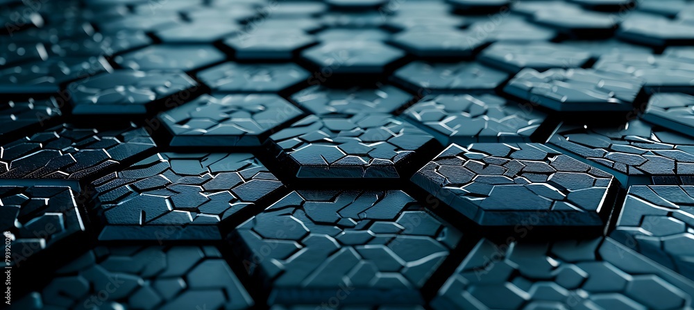 Poster cyan hexagons: abstract patterns in ultrawide banner. mesmerizing geometric design for contemporary 