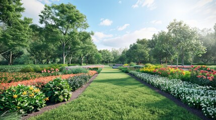 A peaceful botanical garden with rows of neatly arranged flowers, shrubs, and trees, offering a serene oasis for nature lovers to explore and unwind.
