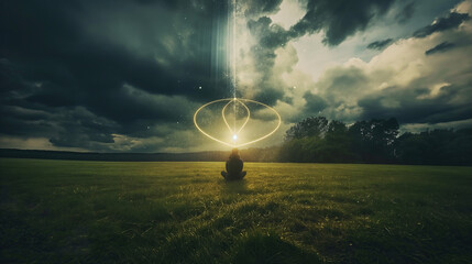 Mystical Meditation in Field with Cosmic Light Rings" man in the center of a field looking towards heaven. 