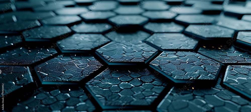 Poster cyan hexagons: abstract patterns in ultrawide banner. mesmerizing geometric design for contemporary 