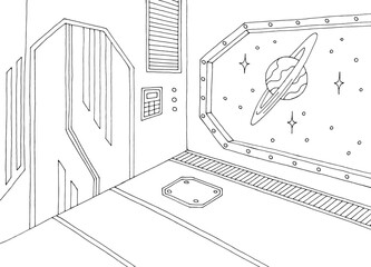 Spaceship interior graphic black white sketch illustration vector 