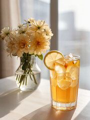 A glass full of Lemon Ginger Jasmine Iced Tea on the table, summer refreshing drink.