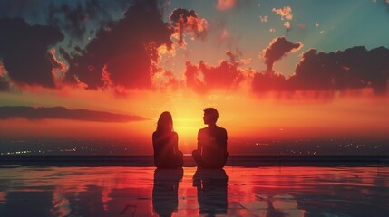 a thought-provoking image of two individuals engaged in a deep conversation while looking out into a cinematic sunset Emphasize the body language to convey intense discussion