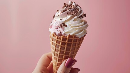 Chocolate and vanilla ice cream cone on faded pastel color background, Hand holding ice cream in...