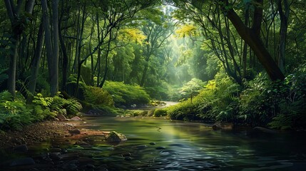A secluded forest creek winding its way through a dense canopy of trees, its pristine waters teeming with life and vitality.