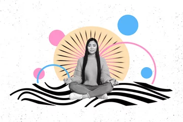 Fotobehang Sketch composite collage of young woman keep balance sit lotus pose asana yoga practice meditation zen relax geometry elements around © deagreez