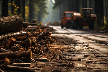 Dirt road in the forest at sunset. Conceptual image.