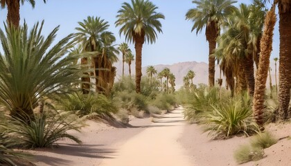 Fototapeta na wymiar A dusty trail leading through a desert oasis surro upscaled 2