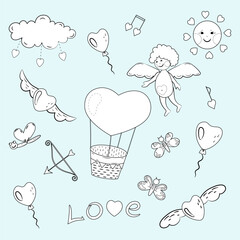 Love set. Cartoon illustrations with heart elements. Black and white on light blue background