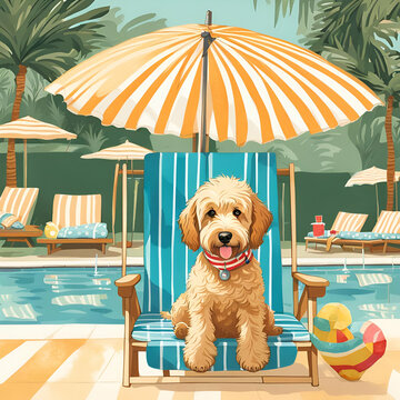 golden doodle dog sitting by the pool under striped umbrella