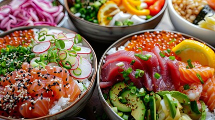 A tempting platter of colorful Hawaiian poke bowls, featuring fresh seafood, rice, and a variety of toppings, embodying the global trend of healthy and flavorful poke dishes.