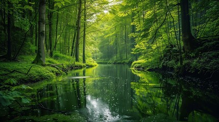 Fototapeta na wymiar A tranquil forest river framed by towering trees, its mirror-like surface reflecting the verdant beauty of the surrounding wilderness