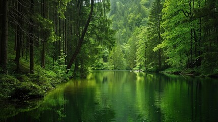 Obraz premium A tranquil forest river framed by towering trees, its mirror-like surface reflecting the verdant beauty of the surrounding wilderness