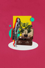 Composite sketch image photo collage of red colored background young attractive lady wear style...