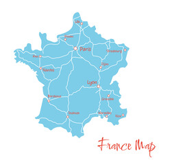 Obraz premium Vector illustration of french map with main cities and rives. Map of France simple vector silhouette on a white background.