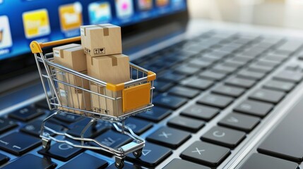 A detailed miniature shopping cart overflows with small packages, set against a computer keyboard background, symbolizing online shopping.