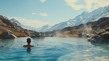 A traveler experiencing a moment of pure bliss while soaking in a natural hot spring surrounded by snow-capped mountains, feeling rejuvenated and grateful for the opportunity to explore the world. - obrazy, fototapety, plakaty