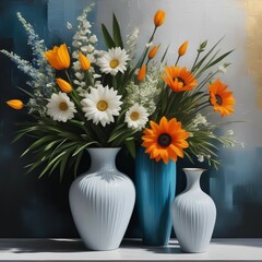 Bouquet of wild flowers in a white vase on a dark background
