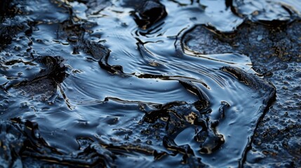 Black oil spill, environmental disaster, industrial pollution. A close-up view of a viscous black oil spill, showcasing the texture and sheen - 793923657