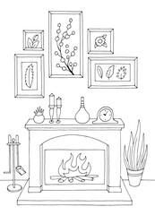 Front view fireplace in living room graphic black white interior vertical sketch illustration vector