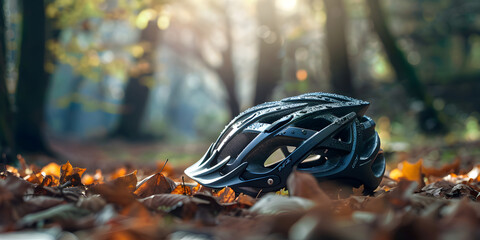  A sports bicycle helmet with outdoor protection and safety. A cycling helmet lying on the  dry leaves autumn wood background, Outdoor Safety Concept  
