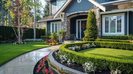 A well-manicured lawn bordered by neatly trimmed hedges and flowering shrubs, enhancing the curb appeal of a suburban home.
