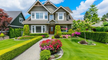 A well-manicured lawn bordered by neatly trimmed hedges and flowering shrubs, enhancing the curb appeal of a suburban home. - obrazy, fototapety, plakaty