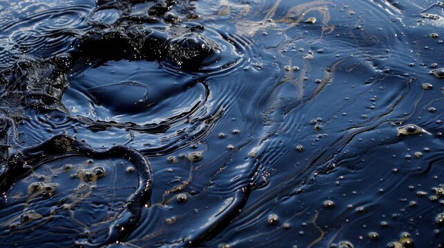 Black oil spill, environmental disaster, industrial pollution. A close-up view of a viscous black oil spill, showcasing the texture and sheen